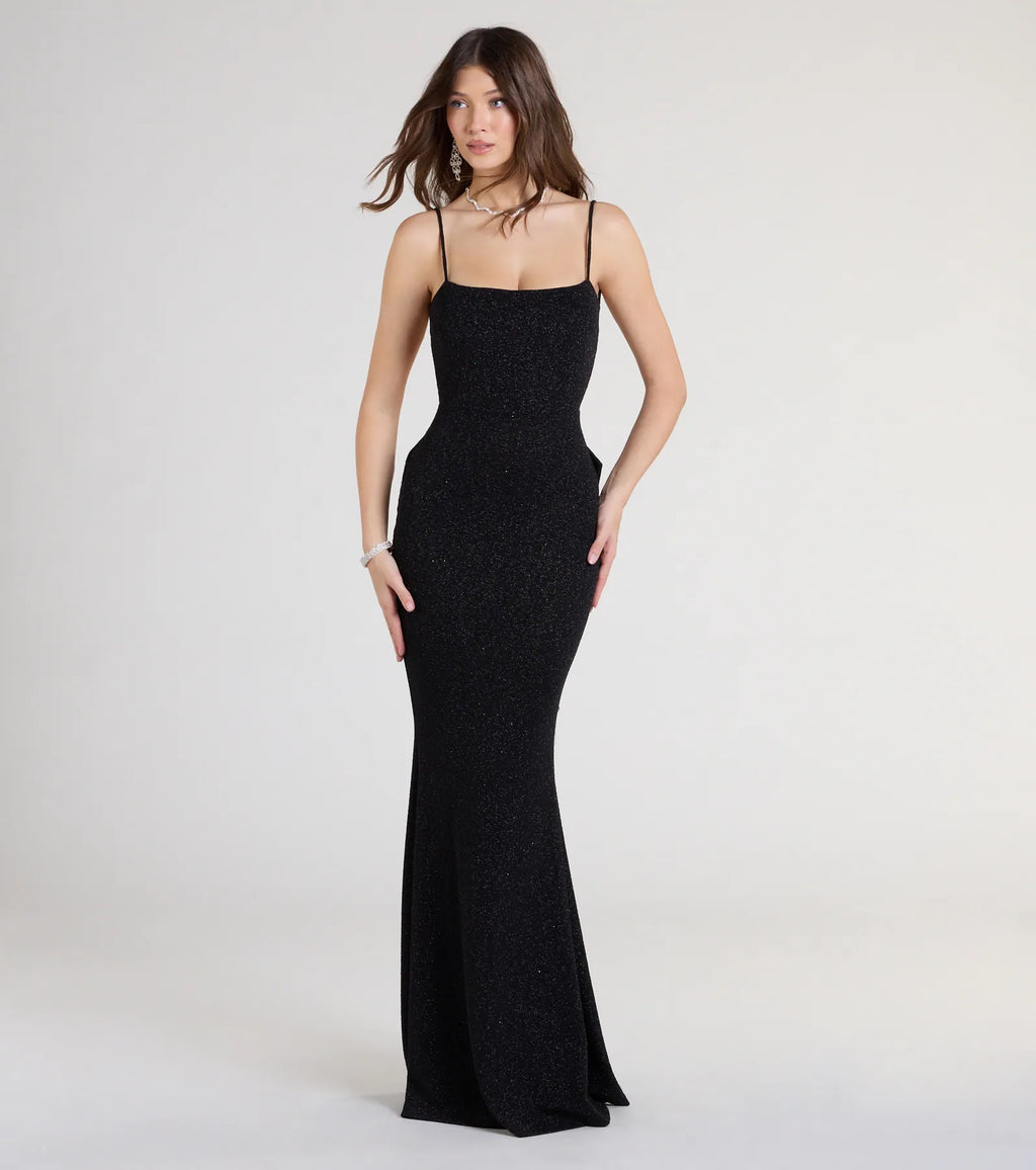 Gwendolyn Glitter Knit Bow-Back Mermaid Dress