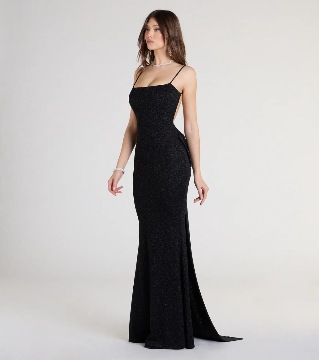 Gwendolyn Glitter Knit Bow-Back Mermaid Dress