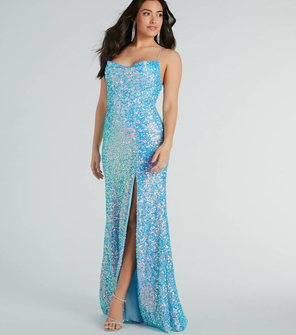 Esperanza Formal Sequin Cowl Dress