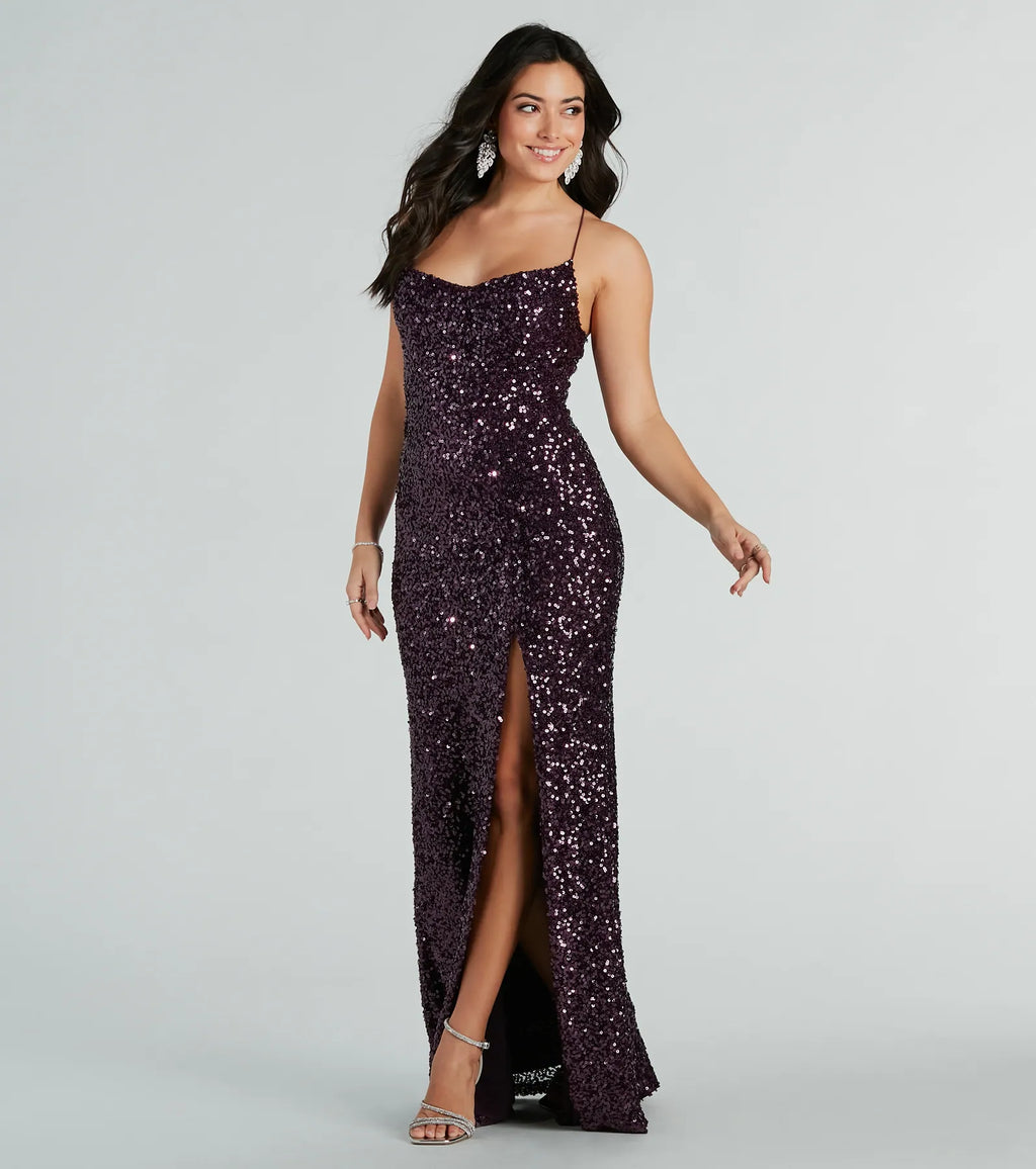 Esperanza Formal Sequin Cowl Dress