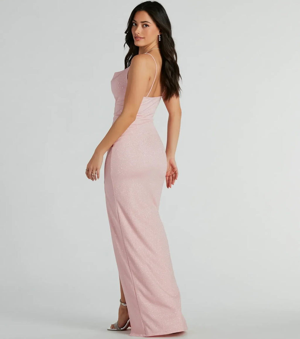 Shelly High Slit Glitter Knit Formal Dress