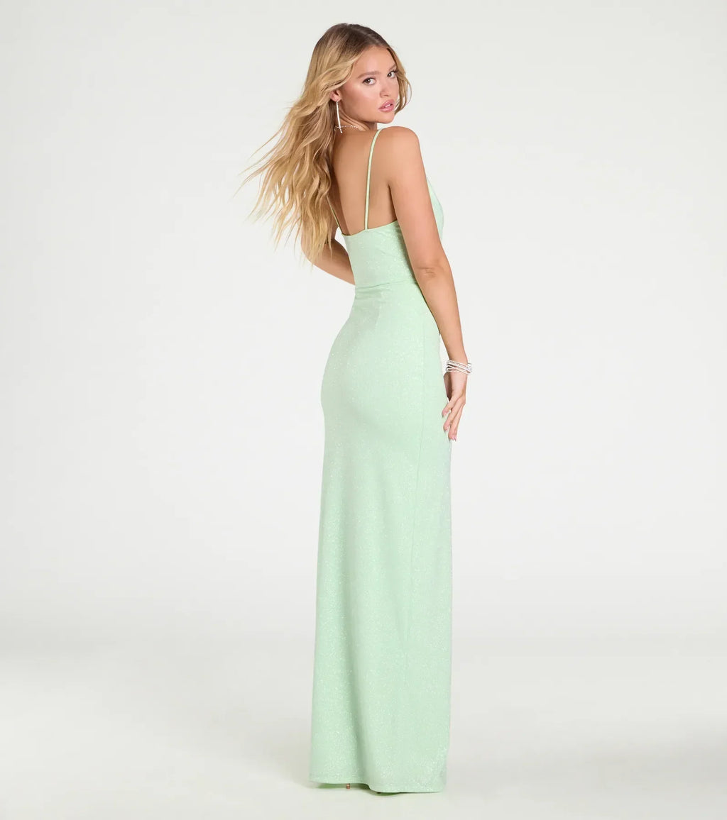 Shelly High Slit Glitter Knit Formal Dress