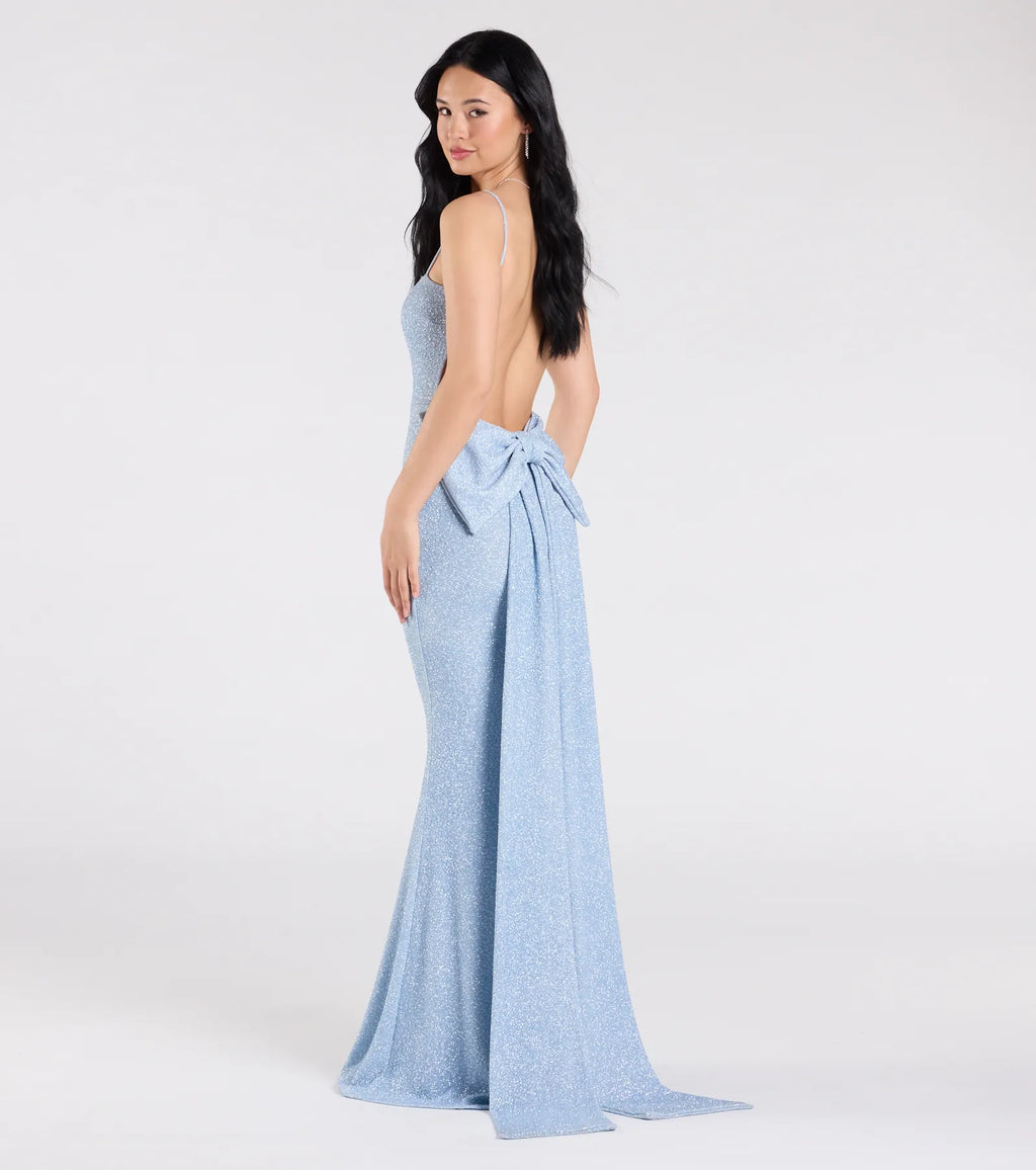 Gwendolyn Glitter Knit Bow-Back Mermaid Dress