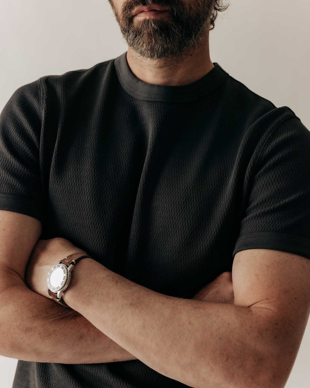 The Organic Cotton Short Sleeve Crew in Faded Black Waffle